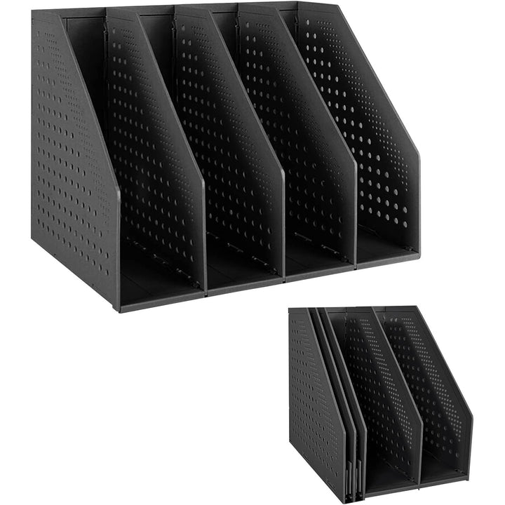 Collapsible Magazine Holder Plastic Desktop Vertical 4 Compartment File Magazine Organizer Holder File Divider Sorter Stand Office Document Organizer Storage Box Bins Home School Black