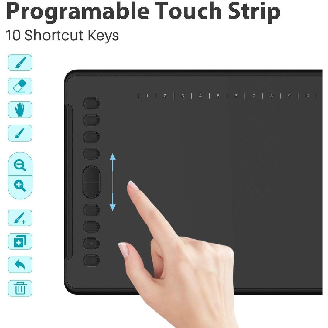 Inspiroy H1161 Graphics Drawing Tablets, Touch Strip and 8192 Pen Pressure Sketch Tablet with Battery-Free Stylus,10 Shortcut Keys, Compatible with Android, Windows, and Mac Black