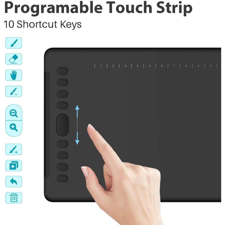 Inspiroy H1161 Graphics Drawing Tablets, Touch Strip and 8192 Pen Pressure Sketch Tablet with Battery-Free Stylus,10 Shortcut Keys, Compatible with Android, Windows, and Mac Black