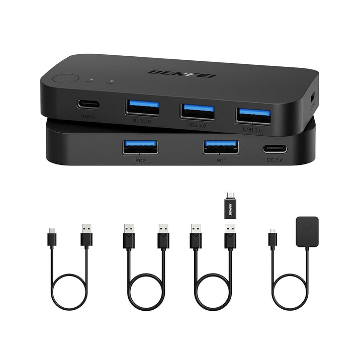 USB 3.0 Switch, USB Switcher 2 Computers Share 3*USB 3.0 and 1*USB C with Remote Control for PC Mouse Keyboard Printer Scanner, USB KVM Switch Selector Compatible with Windows, Mac, Linux