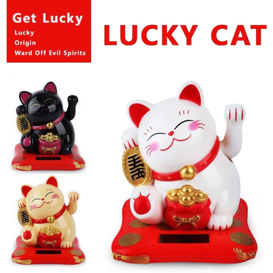 Solar Powered Waving Lucky Cat Cute Waving Cat Good Luck Wealth Welcoming Cats for Home or Office Display, Car Decoration.(Yellow)