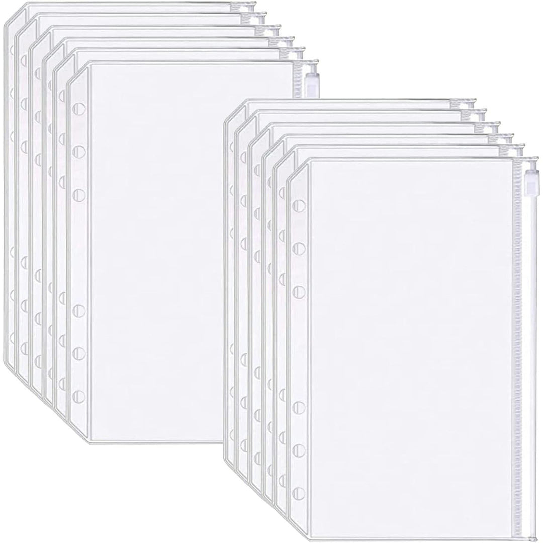 Binder Pockets A6 Size 6 Holes Zipper Binder Pouch Folders Clear Waterproof PVC Loose Leaf Bags for 6 Ring Binder Notebooks, Documents and Cards, Plastic Filing Bags, Mini Binder Cash Envelopes(12PCS)