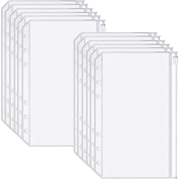 Binder Pockets A6 Size 6 Holes Zipper Binder Pouch Folders Clear Waterproof PVC Loose Leaf Bags for 6 Ring Binder Notebooks, Documents and Cards, Plastic Filing Bags, Mini Binder Cash Envelopes(12PCS)