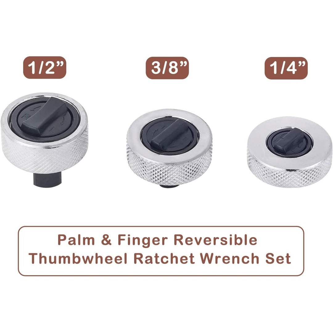 3pcs Mini Ratchet Wrench Set 1/4'' 3/8'' 1/2'' Drive, Palm & Finger Reversible Thumbwheel Ratchet Wrench Set with Iron Case