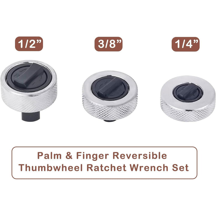 3pcs Mini Ratchet Wrench Set 1/4'' 3/8'' 1/2'' Drive, Palm & Finger Reversible Thumbwheel Ratchet Wrench Set with Iron Case