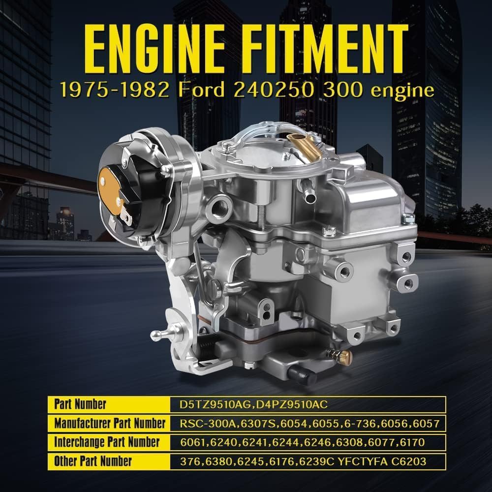 Carter1 Barrel Carburetor Fits For 1965-1985 Ford Engines: 4.9L(300Cu),4.1L (200Cu),3.3L (200Cu).Compatible With Ford Bronco,Fairmont,And Models F100,F150,F250,F350.D5Tz9510AG#Rsc-300A 6307S