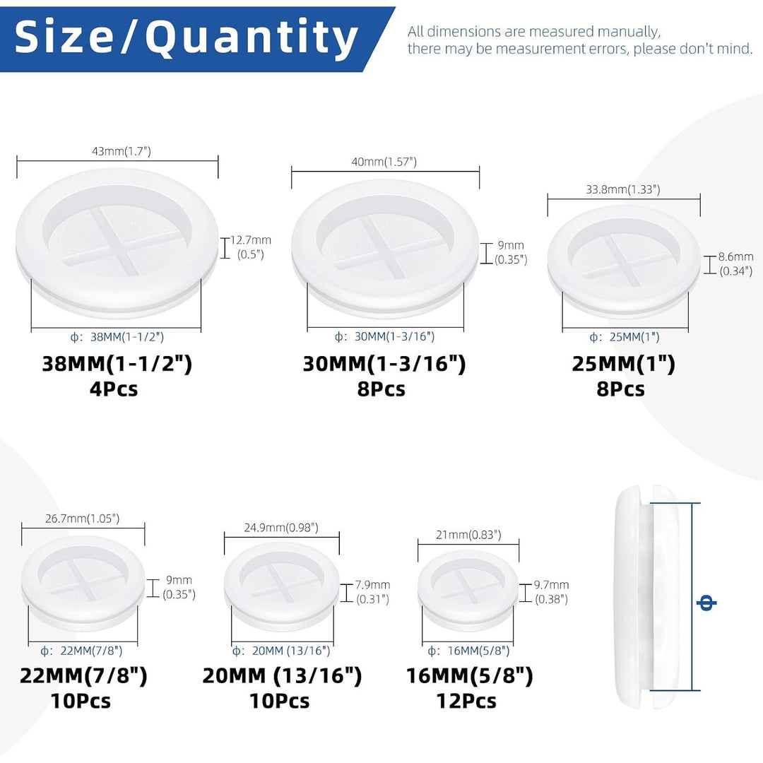 52pcs 6 Sizes Double Sided Round Rubber Hole Plug Set, White Rubber Grommet Double Sided Electrical Wire Gaskets, Hole Synthetic Rubber Plug for Wire, Cable Protection
