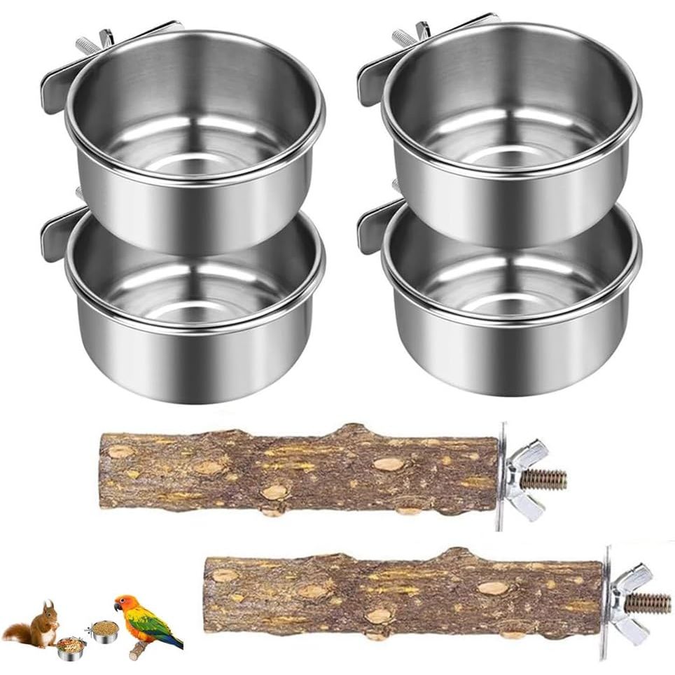 Parrot Feeder, 4pcsPet Feeder, Bird Feeder for Cage, Parrot Feeding Cups Birds Food Dish 2 pcs Perches,10X 4.5 cm, Stainless Steel Parrot Feeders Water,for Parrot Parakeet Lovebird