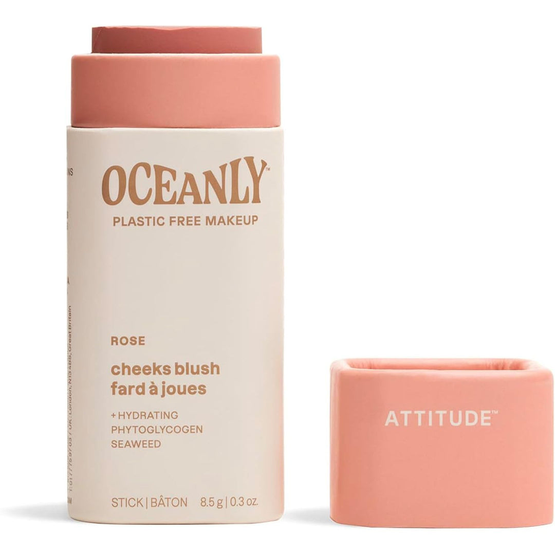 ATTITUDE Oceanly Lightweight Blush Stick, Titanium Dioxide-Free, EWG Verified, Plastic-Free, Vegan Makeup, Rose, 8.5g
