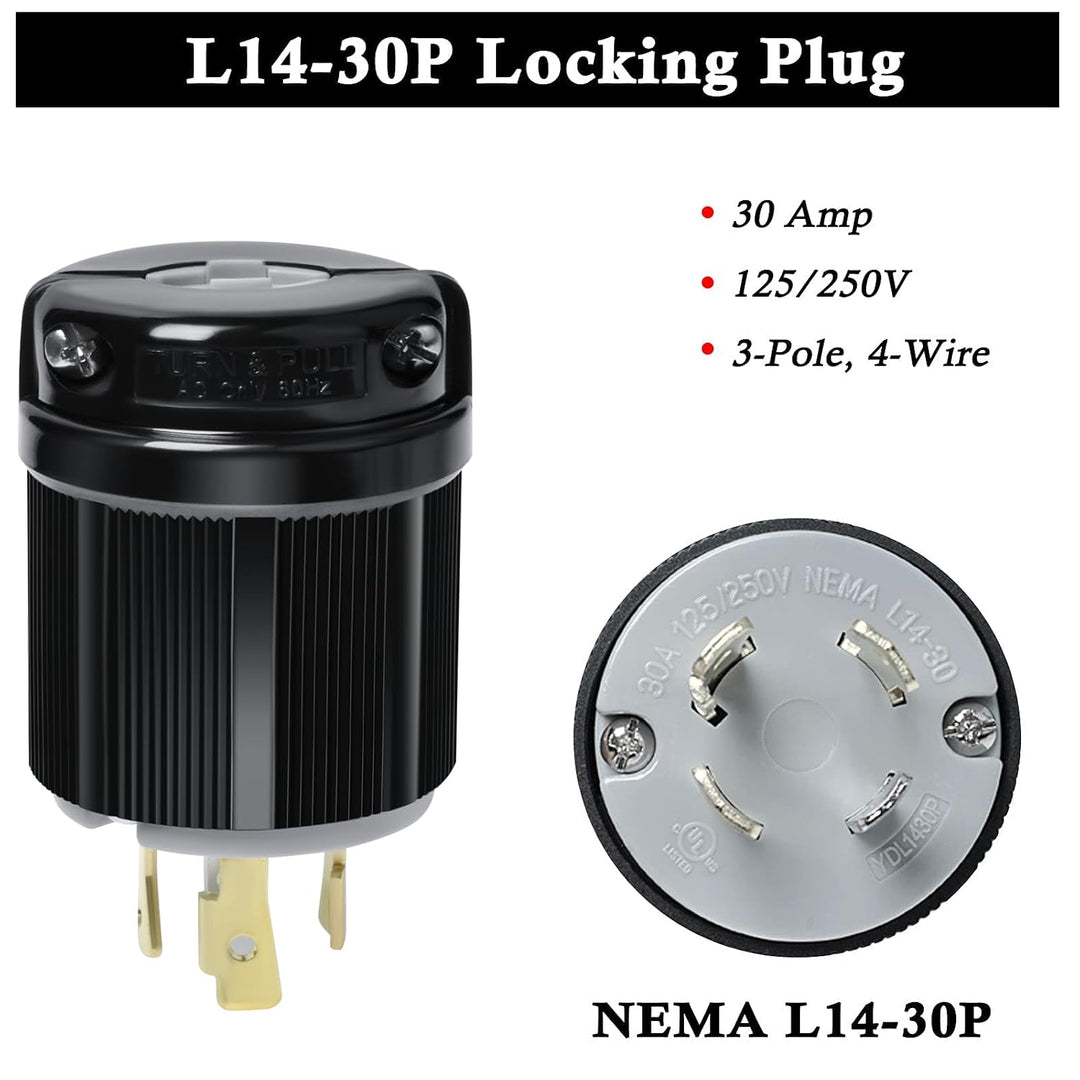 L14-30 L14-30R Locking Connector and L14-30P Female Plug Set, 30 Amp, 125/250V, 3 Pole 4 Wire, 7500W Generator Twist Locking Plug Connector