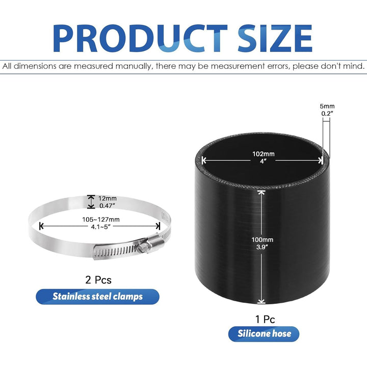 4inch (102mm) ID Straight Coupler Silicone Hose 4inch(100mm) Length 4-Ply Reinforced High Performance with 2Pcs 105-127MM tainless Steel T-Bolt Clamp for Turbo, Intercooler and Intake