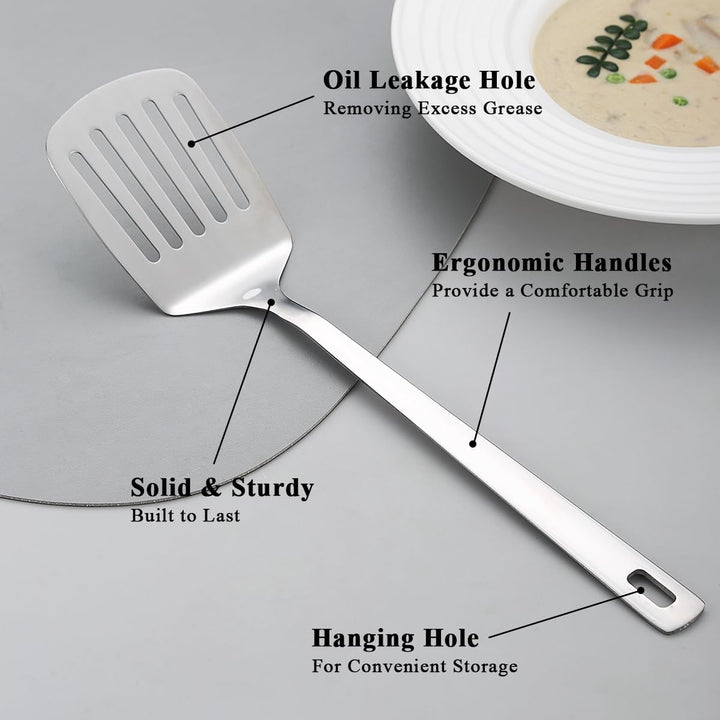 Stainless Steel Spatulas Set, Silver Slotted Turner, Solid Turner, Kitchen Spatulas for Nonstick Cookware, Dishwasher Safe, Easy to Clean