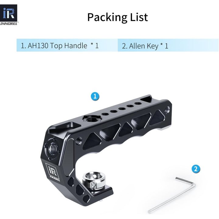 AH130 Top Handle with 3/8" ARRI Locating Pins, Comfort Ergonomic CNC Aluminum Alloy Grip for ARRI for Camera Cage, with 1/4" 3/8" Threads and 3 Cold Shoes, Weight 195g, Max Load 10kg/22lb