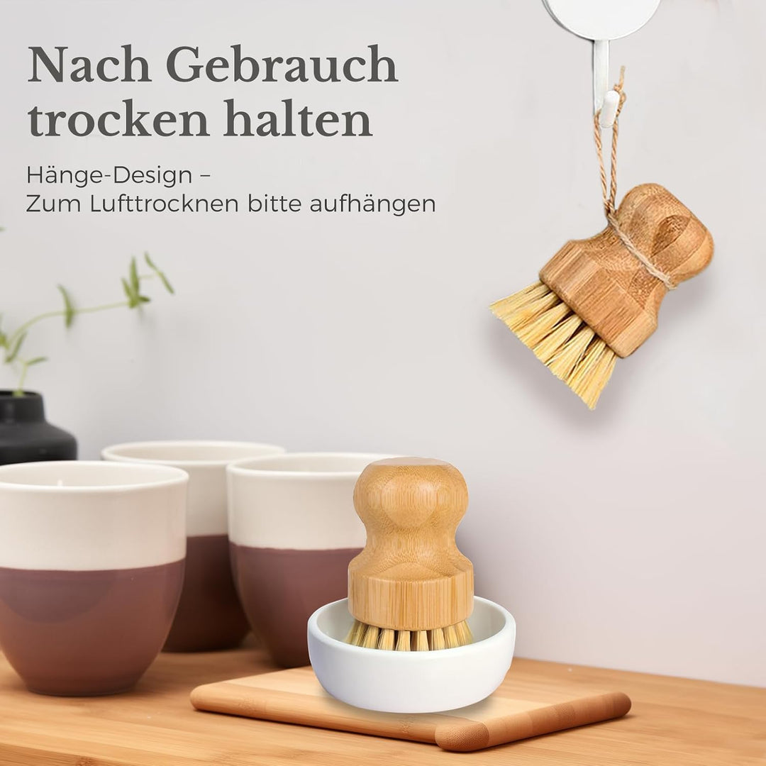 Natural Bamboo Brush, 2Pcs Sisal Scrub Brush with Ceramic Dish