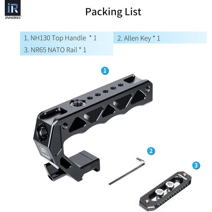 NH130 Top Handle and NATO Rail Kit, Comfort Ergonomic CNC Aluminum Alloy Grip, with Quick Release NATO Clamp, 3 Cold Shoes and 1/4" 3/8" ARRI Threads, for Camera Cage Video Rig, Max Load 10kg