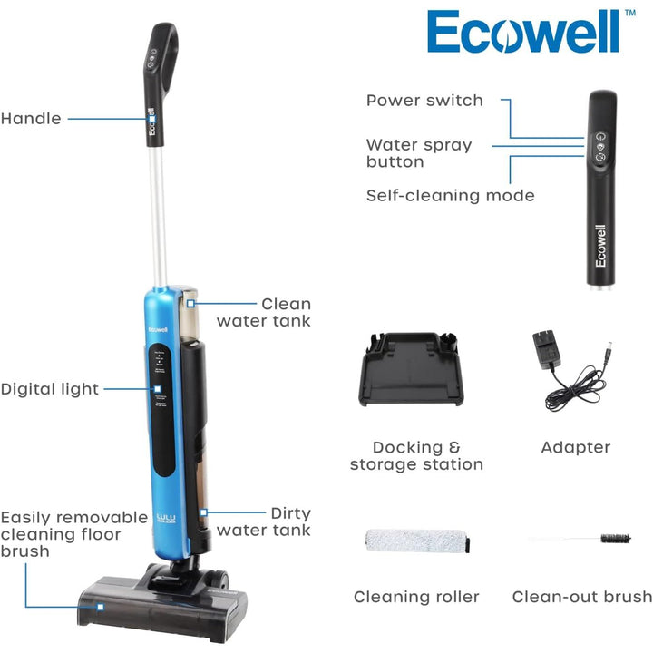 ECOWELL Wet Dry Vacuum Cordless Cleaner and Mop Multi-Surface for Hard Floors and Area Rug LULU Quick Clean P03, Blue