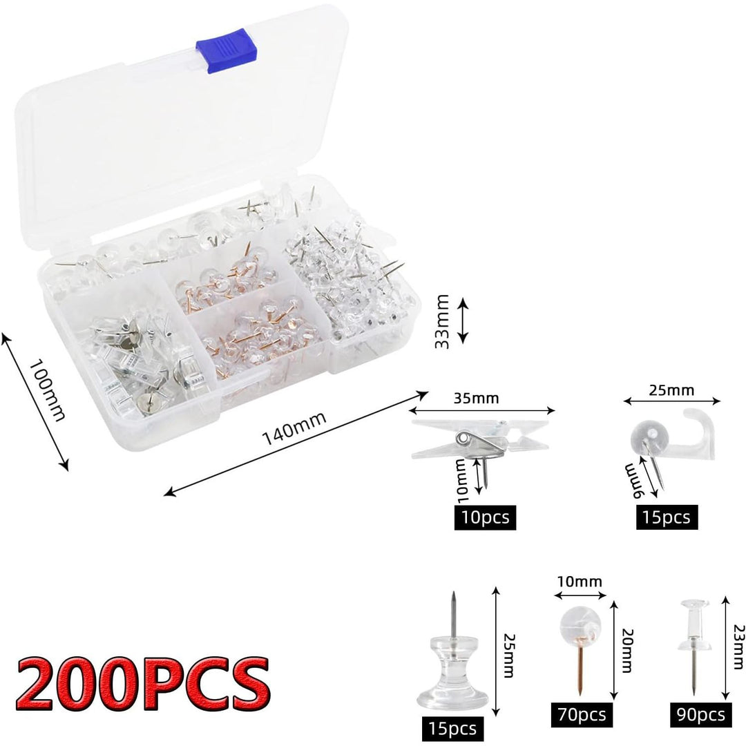 200pcs Push Pins Set, 5 Styles Clear Pushpin Clips with Stainless Steel Tips Heavy Duty Hooked Thumb Tacks, Decorative Plastic Heads Point Hook for Cork Board Foam Bulletin Board Artworks
