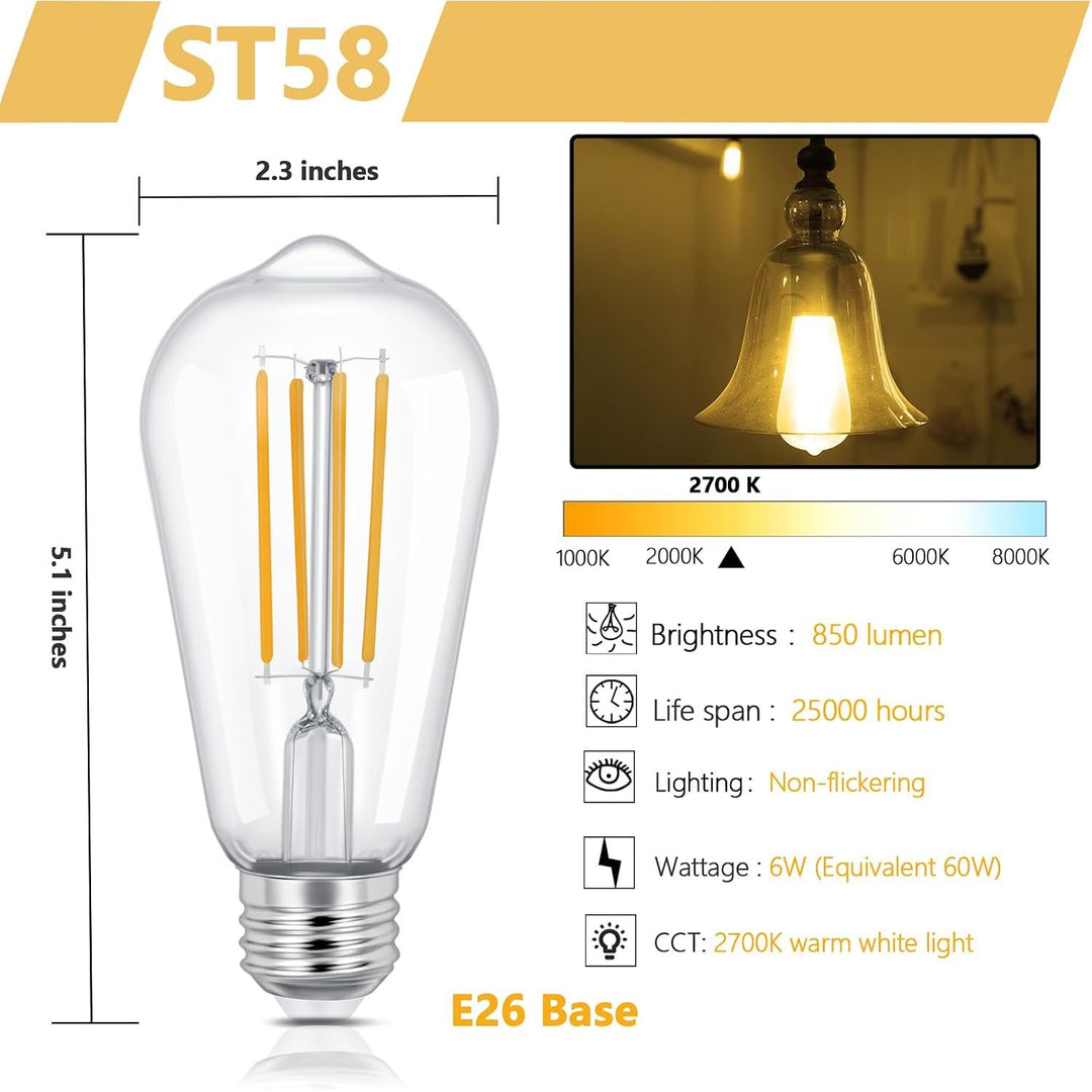 Vintage LED 6W Edison Bulb Dimmable ST58 Light Bulbs E26 Medium Base Vintage Edison Clear Glass Style for Home, Office (2700K-Soft White, 8 Pack Dimmable)
