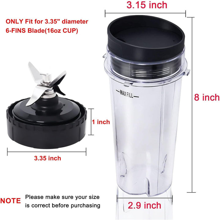 Replacement Parts Compatible with Nutri Ninja, Blender Blade 6 Fins and 2 Pcs 16oz Single Serve Blender Cup Set Compatible with Ninja BL660 BL740 BL780 BL771 BL772 BL773CO