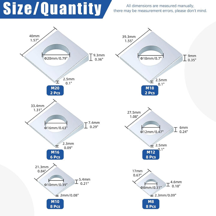 34pcs M8/M10/M12/M16/M18/M20 Square Beveled Washers Kit, Zinc Plated Carbon Steel Wedge Washer, Heavy Duty Leveling Washer for Shim Leveling/I-Beams/Slot Section