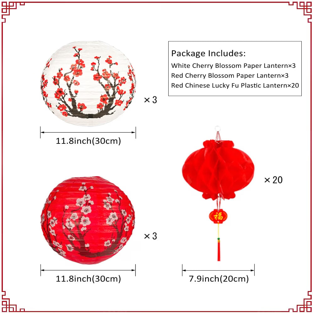 26Pack Chinese Japanese Paper Lanterns Red Cherry Blossom Hanging Paper Lantern Decoration, 30cm 20cm Hanging Lanterns for Asian Birthday Hibachi Wedding Baby Shower Party Lunar New Year Decor