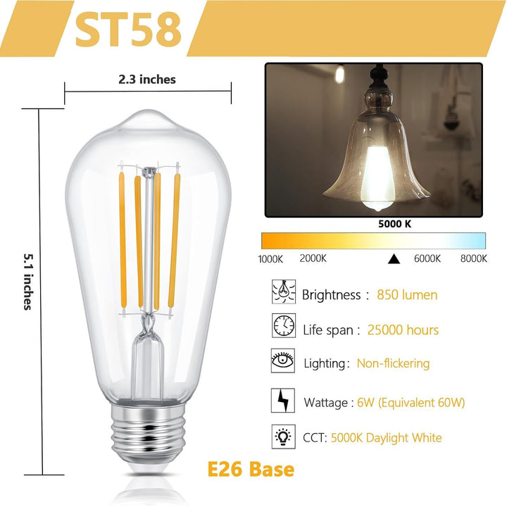 Vintage E26 LED 6W Edison Bulb Dimmable ST58 Light Bulbs 850LM Vintage Edison Clear Glass LED Filament Light Bulbs CRI90+, Clear Glass Style for Home, Offic (5000K-Daylight White, 4 Pack)