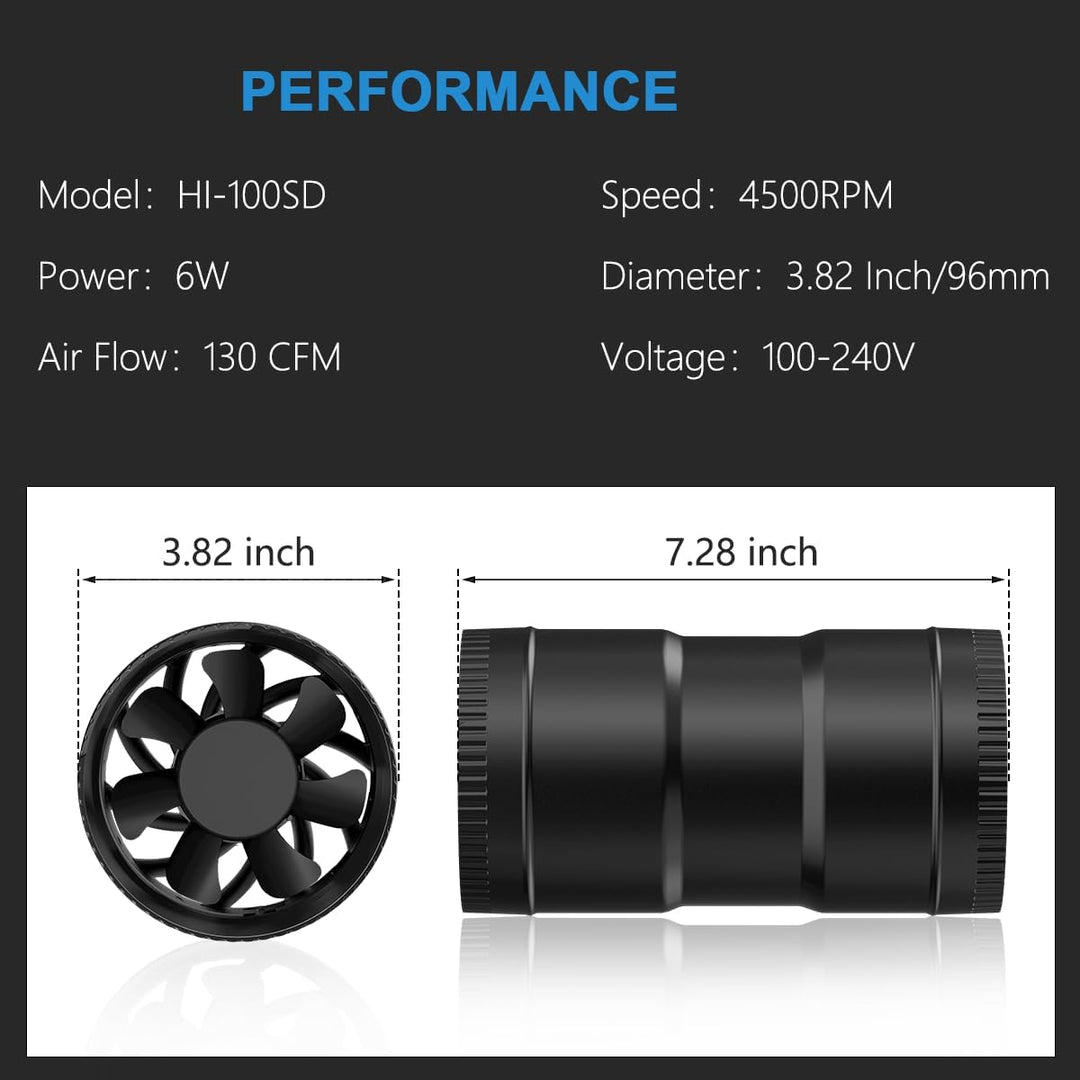 4 Inch Inline Duct Fan with Upgrade Controller - 130 CFM Airflow with 6W Ultra-Low Power and Low Noise