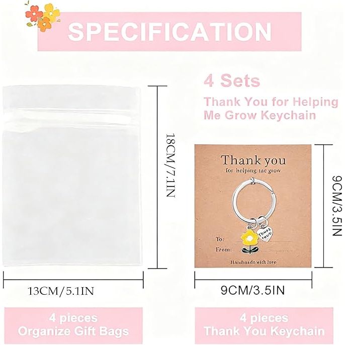 4 Set Thank You Gifts Keychain, Appreciation Gifts for Coworkers and Teachers, Christmas Gifts Thank You for Helping Me Grow Keychain