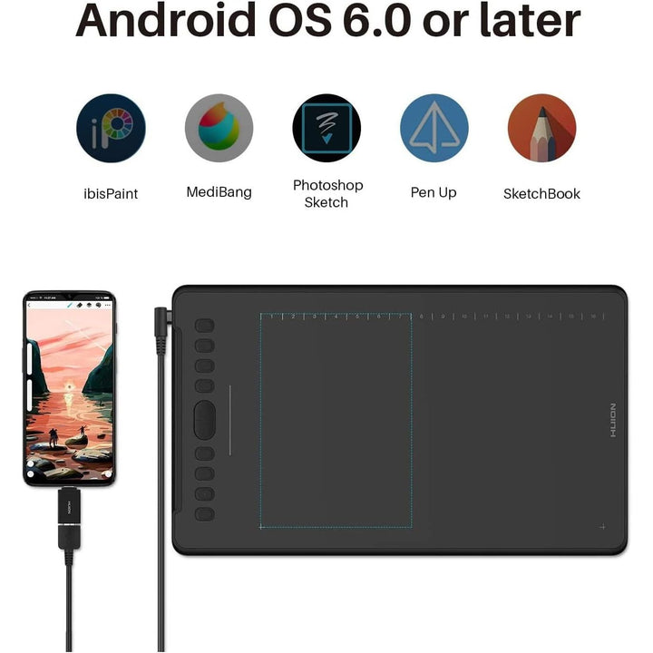 Inspiroy H1161 Graphics Drawing Tablets, Touch Strip and 8192 Pen Pressure Sketch Tablet with Battery-Free Stylus,10 Shortcut Keys, Compatible with Android, Windows, and Mac Black