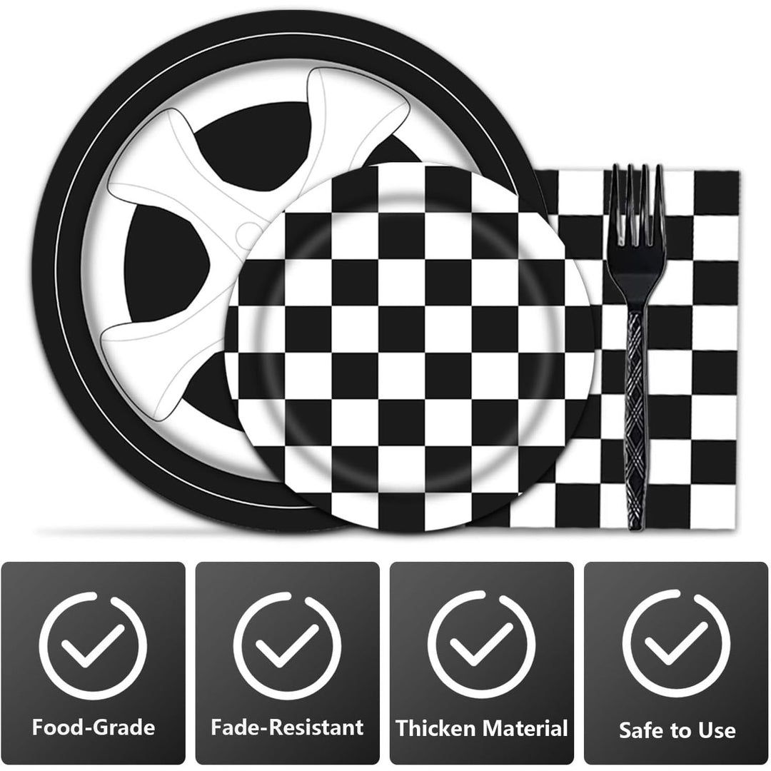 96PCS Racing Car Plates and Napkins Birthday Party Tableware Set Boys Kids Race Car Birthday Decorations Checkered Racing Birthday Party Supplies Plates Napkins Forks Serve 24