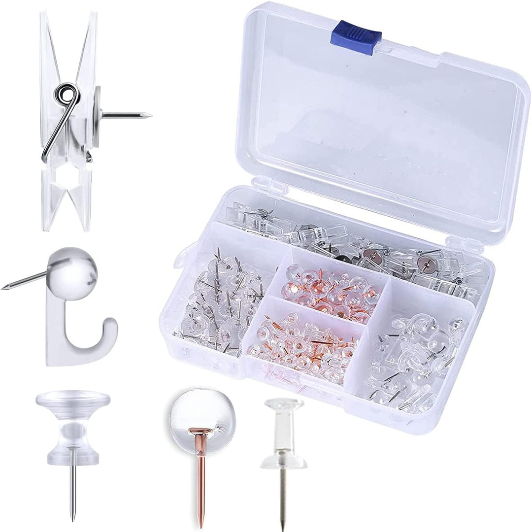 200pcs Push Pins Set, 5 Styles Clear Pushpin Clips with Stainless Steel Tips Heavy Duty Hooked Thumb Tacks, Decorative Plastic Heads Point Hook for Cork Board Foam Bulletin Board Artworks