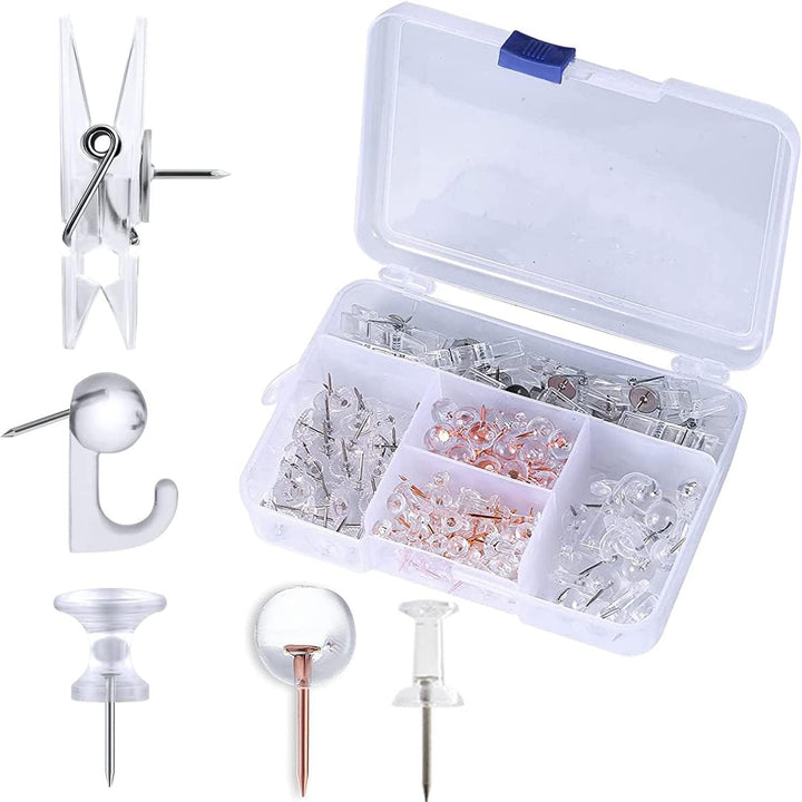 200pcs Push Pins Set, 5 Styles Clear Pushpin Clips with Stainless Steel Tips Heavy Duty Hooked Thumb Tacks, Decorative Plastic Heads Point Hook for Cork Board Foam Bulletin Board Artworks