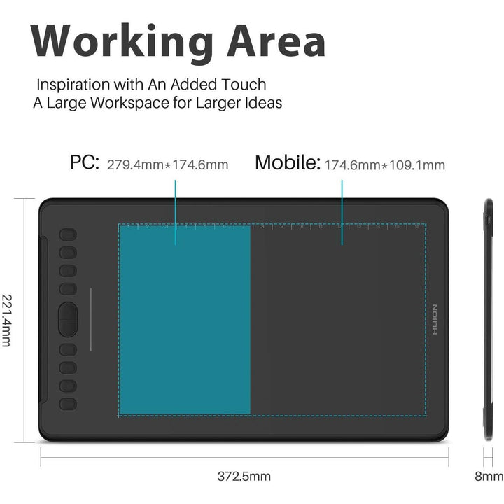 Inspiroy H1161 Graphics Drawing Tablets, Touch Strip and 8192 Pen Pressure Sketch Tablet with Battery-Free Stylus,10 Shortcut Keys, Compatible with Android, Windows, and Mac Black