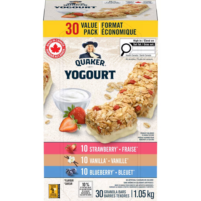 Quaker Yogurt Variety Pack Strawberry Blueberry Vanilla 30 Granola Bars, 1.05kg