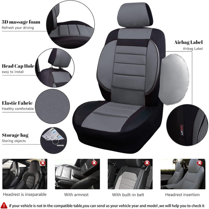 6PCS Elegance Universal Fit Two Front Car Seat Covers Set, Foam Back Support, Airbag Compatible, 100% Breathable (Black with Gray) - Just Closeouts Canada Inc.