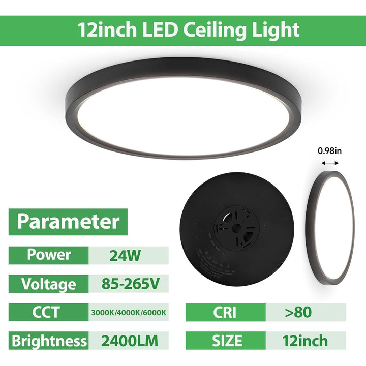 6PK 12 inch LED Flush Mount Ceiling Light Fixture,24W Super Slim Black LED Ceiling Light 2400LM,3000K/4000K/6000K CCT Selectable,Close to Ceiling Round Flat Panel Lightfor Bedroom,Kitchen,Hallway - Just Closeouts Canada Inc.