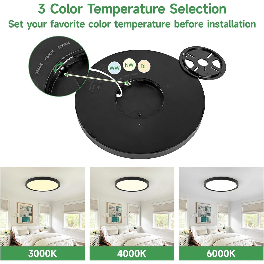 6PK 12 inch LED Flush Mount Ceiling Light Fixture,24W Super Slim Black LED Ceiling Light 2400LM,3000K/4000K/6000K CCT Selectable,Close to Ceiling Round Flat Panel Lightfor Bedroom,Kitchen,Hallway - Just Closeouts Canada Inc.