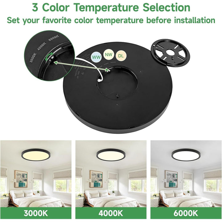 6PK 12 inch LED Flush Mount Ceiling Light Fixture,24W Super Slim Black LED Ceiling Light 2400LM,3000K/4000K/6000K CCT Selectable,Close to Ceiling Round Flat Panel Lightfor Bedroom,Kitchen,Hallway - Just Closeouts Canada Inc.