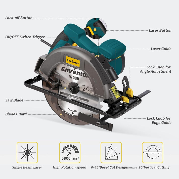 7 - 1/4" Circular Saw 185MM, 11A Pure Copper Motor Electric Circular Saws with Laser Guide, 2 Blade Saws (40T/24T), Adjust Cutting Angle from 0° to 90°, Single Handed Bevel, 5800RPM, Blue - Just Closeouts Canada Inc.