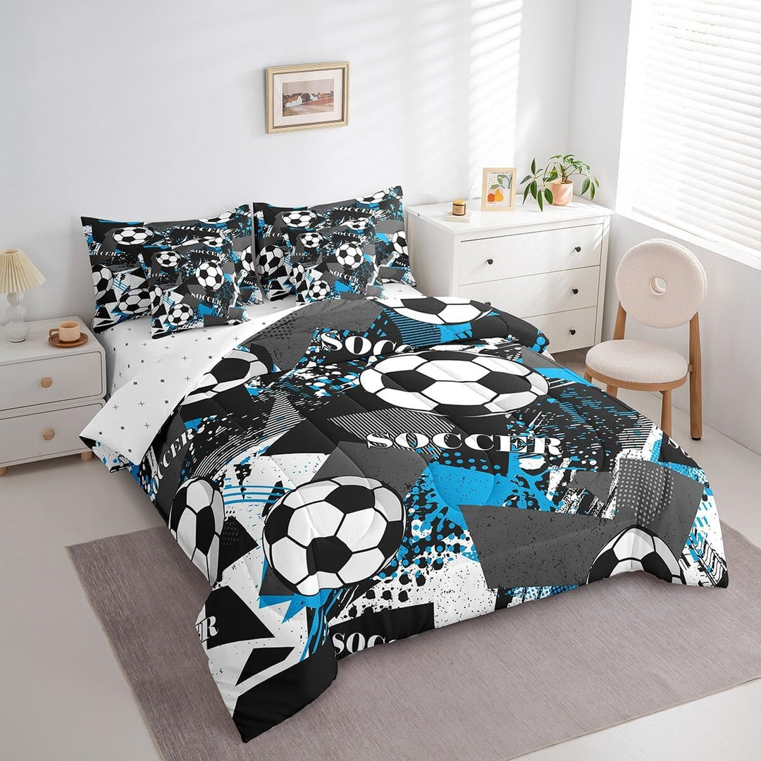 7-Piece Blue, Black & White Soccer Bedding Set - Twin - Just Closeouts Canada Inc.X004H2C13H