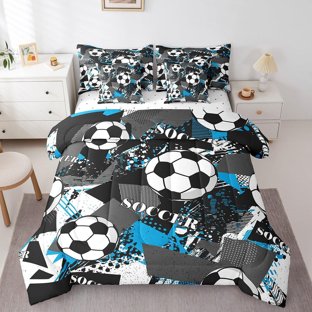 7-Piece Blue, Black & White Soccer Bedding Set - Twin - Just Closeouts Canada Inc.X004H2C13H