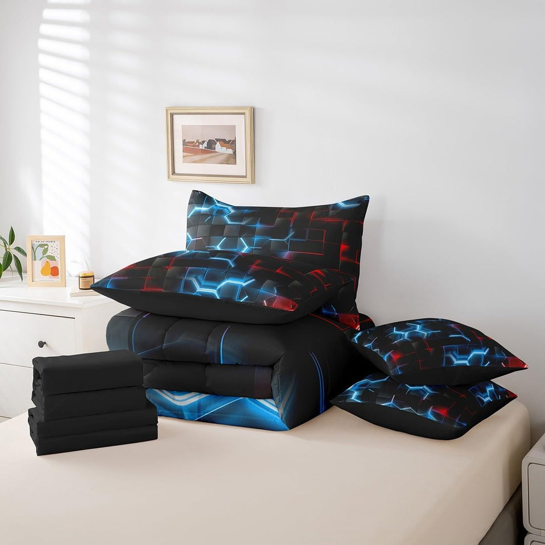7-Piece Blue & Red Honeycomb Bedding Set - Queen - Just Closeouts Canada Inc.X004LTZ2SR