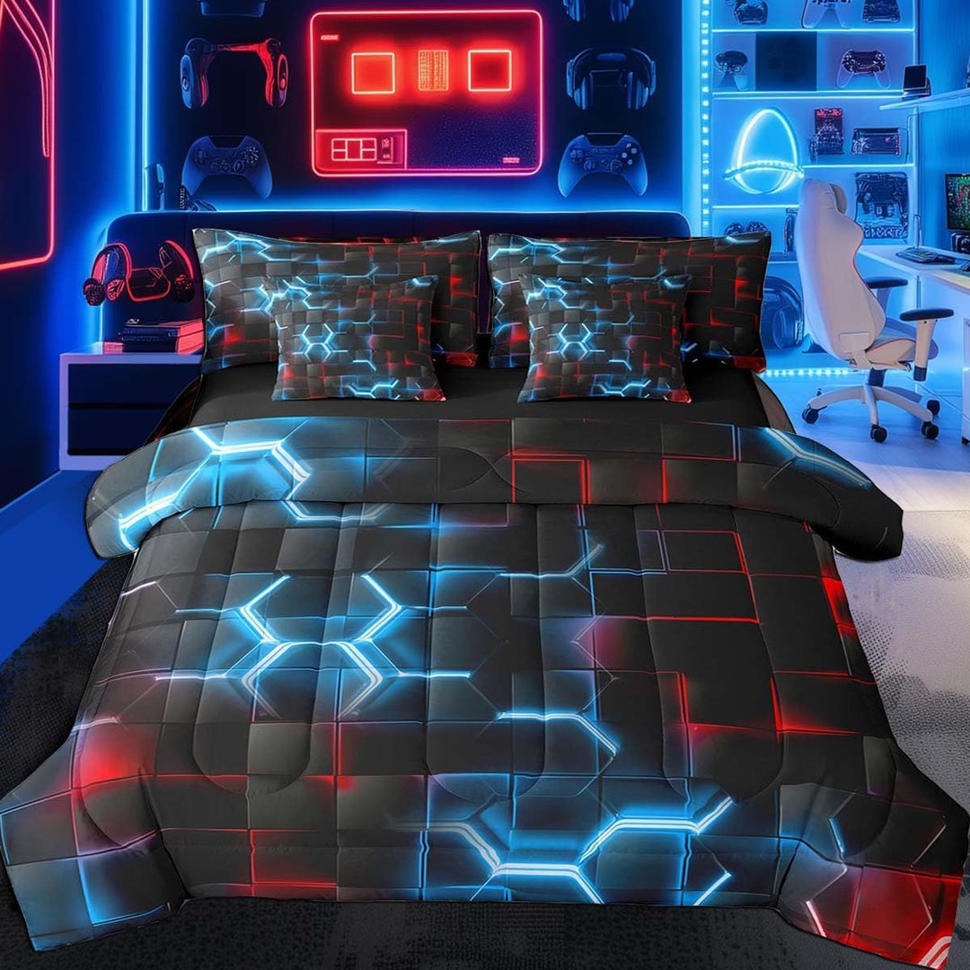 7-Piece Blue & Red Honeycomb Bedding Set - Queen - Just Closeouts Canada Inc.X004LTZ2SR