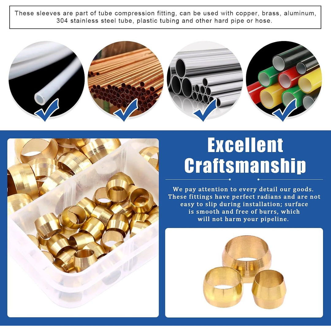 220Pcs Brass Compression Sleeves Ferrules, Tube OD 4mm 6mm 8mm 10mm 12mm 13mm 14mm 16mm Brass Compression Fitting Assortment Kit