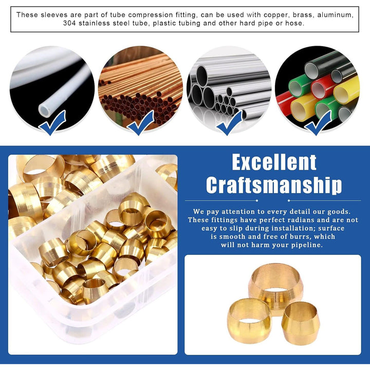 220Pcs Brass Compression Sleeves Ferrules, Tube OD 4mm 6mm 8mm 10mm 12mm 13mm 14mm 16mm Brass Compression Fitting Assortment Kit