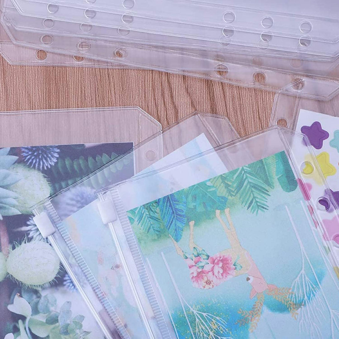 Binder Pockets A6 Size 6 Holes Zipper Binder Pouch Folders Clear Waterproof PVC Loose Leaf Bags for 6 Ring Binder Notebooks, Documents and Cards, Plastic Filing Bags, Mini Binder Cash Envelopes(12PCS)