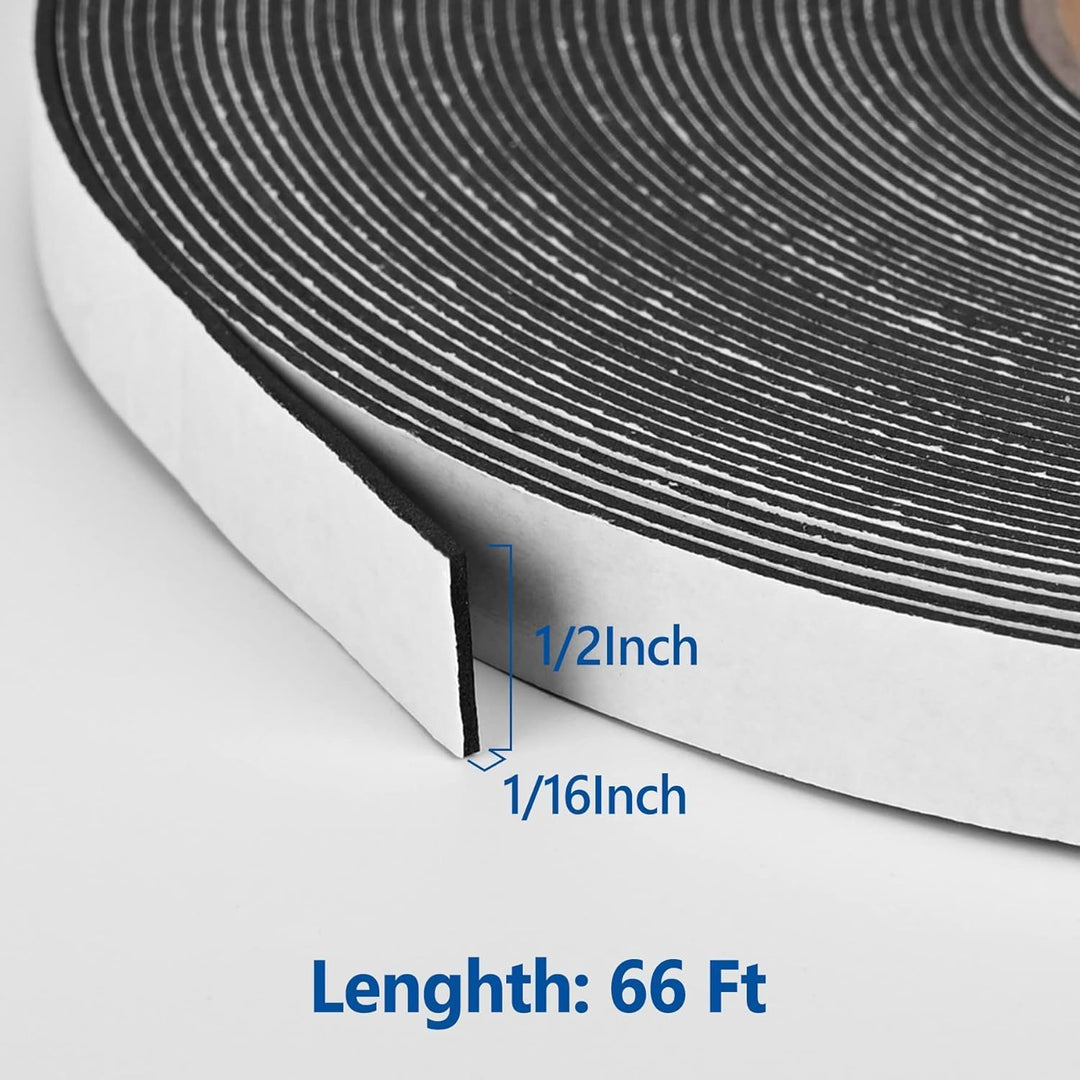 Self Adhesive Foam Tape Weatherstrip 1/2In x 1/16In x 66Ft High Density Foam Insulation Strips Seal Weather Stripping with Strong Adhesive for Door and Window Sound Isolation Soundproofing