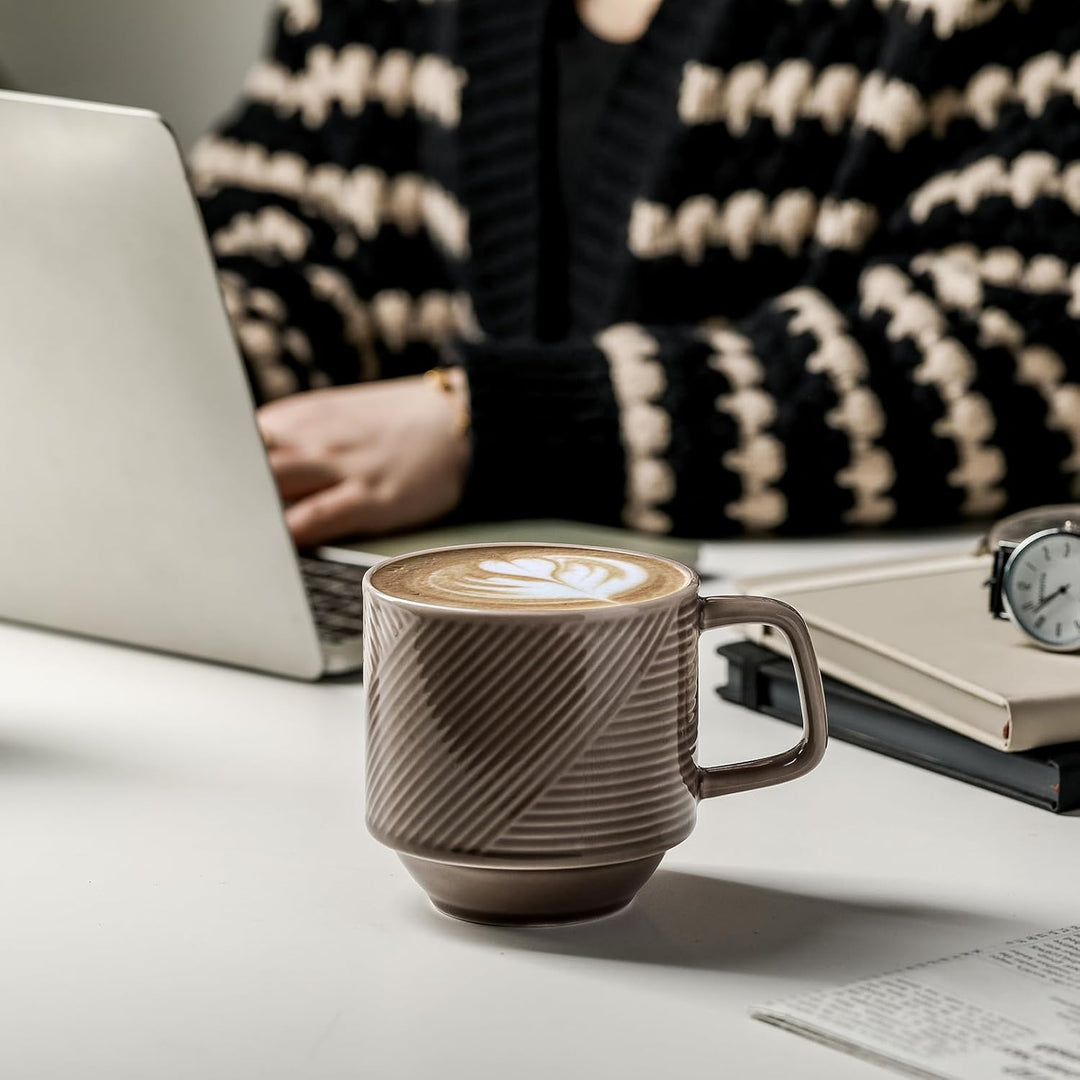 Stackable Coffee Mugs with Rack: 13 oz Stacking Ceramic Cups with Stand - Porcelain Stacked Tea Mug Set of 4 (Grey)
