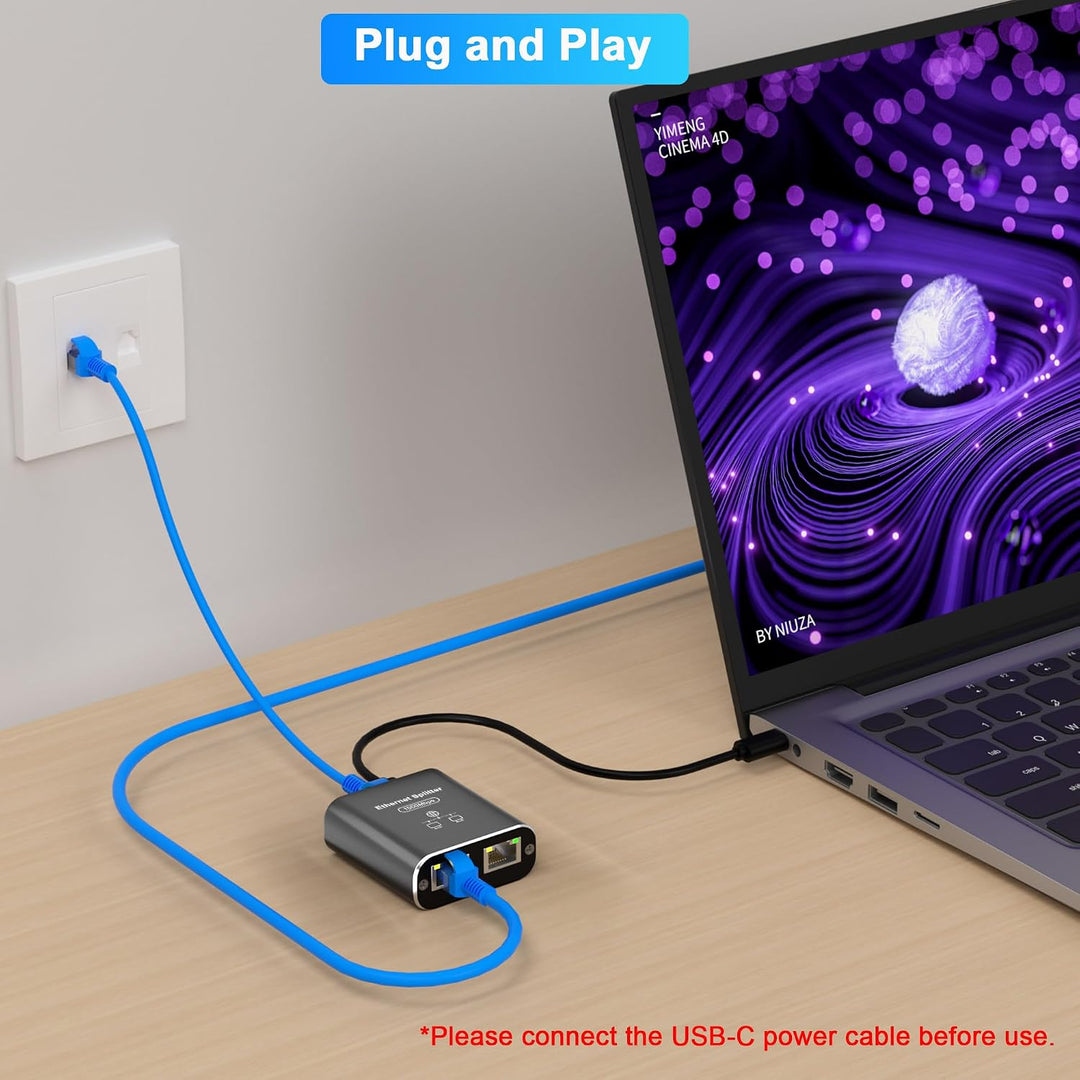 Gigabit Ethernet Splitter 1 to 2, 1000Mbps RJ45 Splitter with Cat 6 Cable & USB Power, Ethernet Cable HUB for Cat 5/5e/6/7/8, High-Speed Internet Adapter for Home/Office