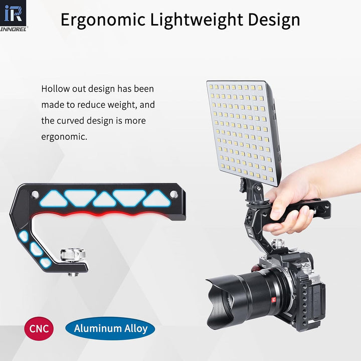 AH130 Top Handle with 3/8" ARRI Locating Pins, Comfort Ergonomic CNC Aluminum Alloy Grip for ARRI for Camera Cage, with 1/4" 3/8" Threads and 3 Cold Shoes, Weight 195g, Max Load 10kg/22lb